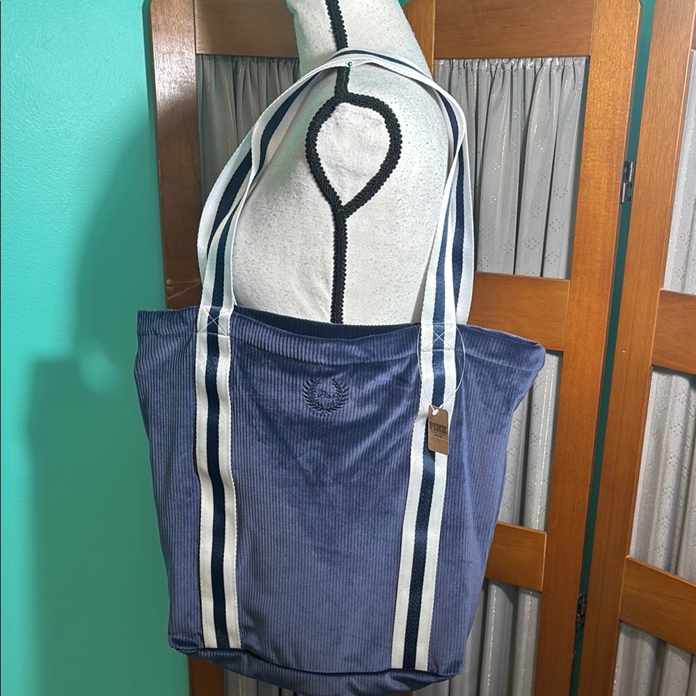 PINK Victoria's Secret Blue Corduroy look Tote with Striped Handles